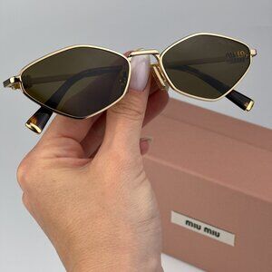 Miu Miu MU56ZS 5AK09Z BRAND NEW Sunglasses Gold Dark Brown Geometric Unisex